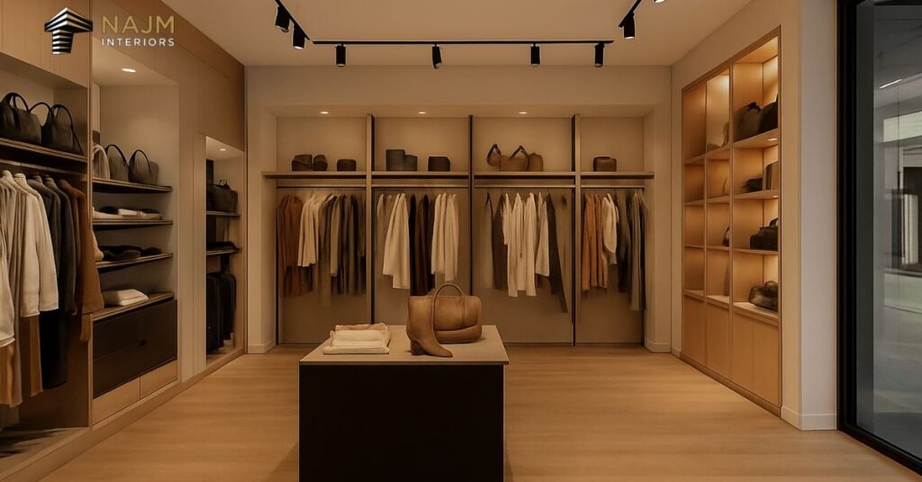 Modern retail shop fit out in the UK with custom displays, stylish lighting, and a welcoming store layout by NAJM Interiors